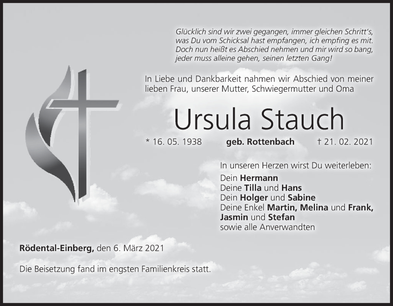  Traueranzeige für Ursula Stauch vom 06.03.2021 aus MGO