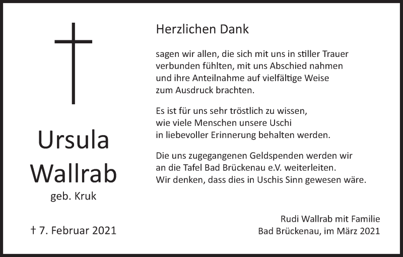  Traueranzeige für Ursula Wallrab vom 06.03.2021 aus MGO