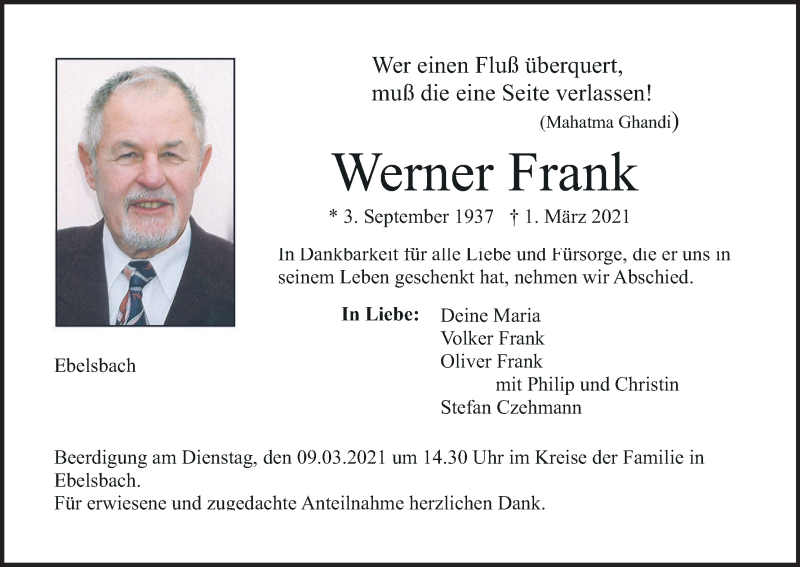  Traueranzeige für Werner Frank vom 06.03.2021 aus MGO