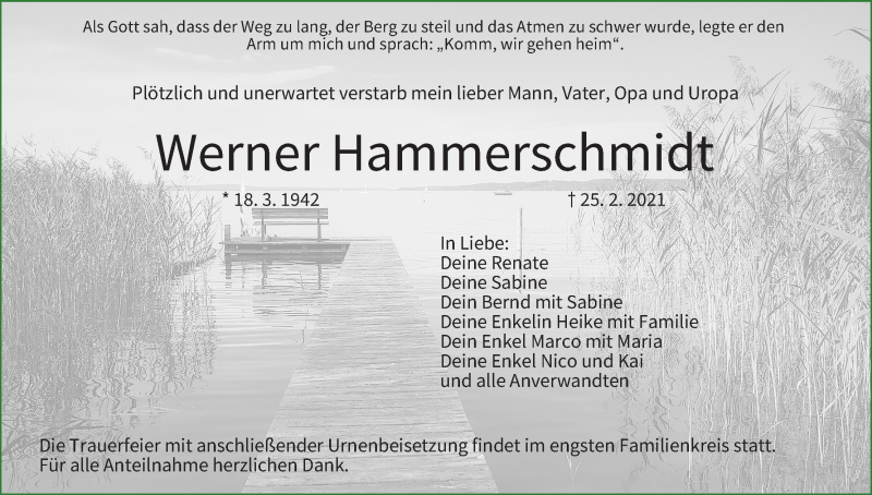  Traueranzeige für Werner Hammerschmidt vom 03.03.2021 aus MGO