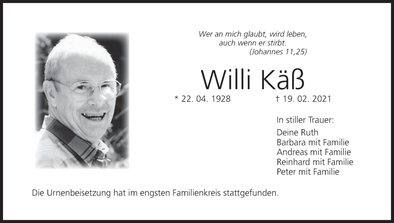  Traueranzeige für Willi Käß vom 06.03.2021 aus MGO