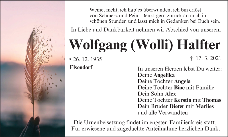  Traueranzeige für Wolfgang Halfter vom 20.03.2021 aus MGO