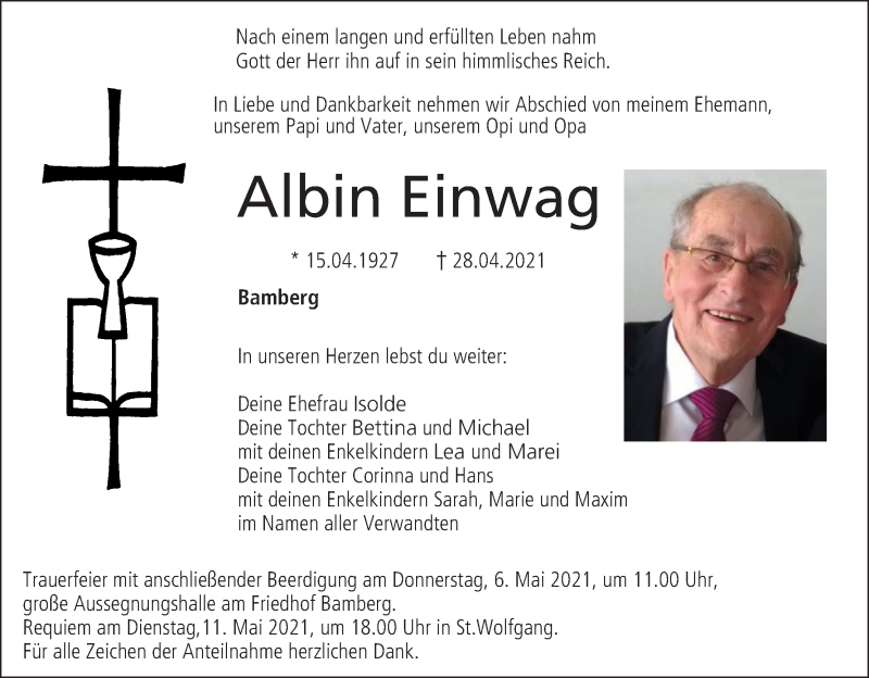  Traueranzeige für Albin Einwag vom 30.04.2021 aus MGO