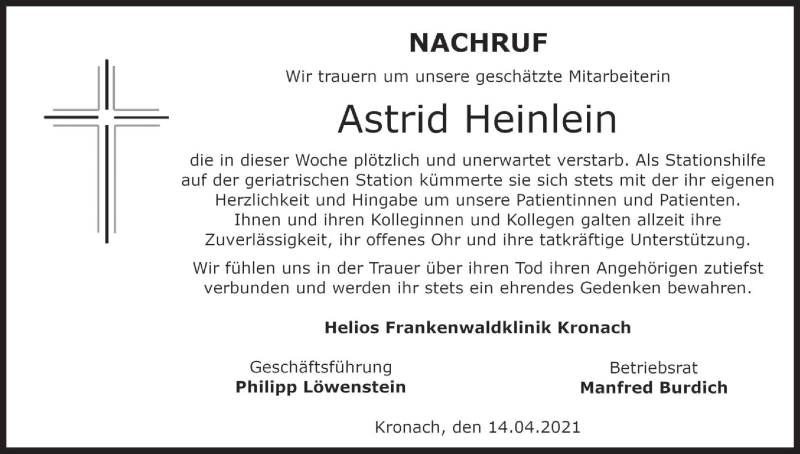  Traueranzeige für Astrid Heinlein vom 14.04.2021 aus MGO
