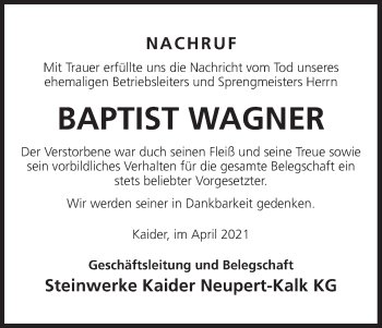 Anzeige von Baptist Wagner von MGO