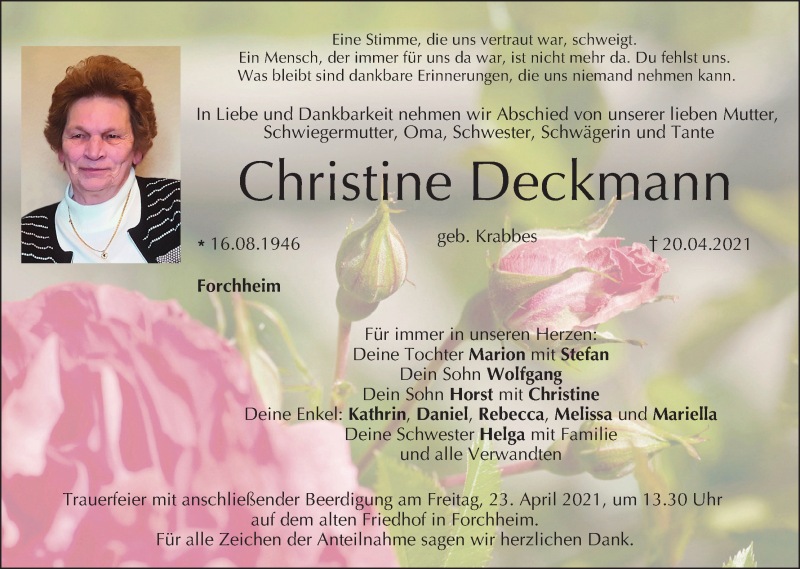  Traueranzeige für Christine Deckmann vom 22.04.2021 aus MGO