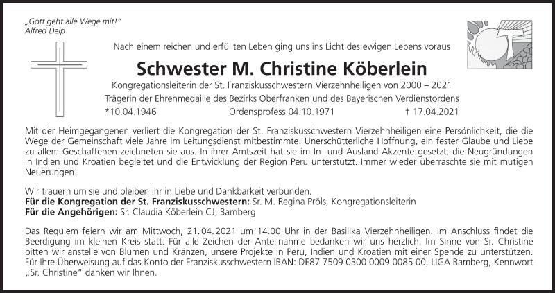  Traueranzeige für Christine Köberlein vom 19.04.2021 aus MGO