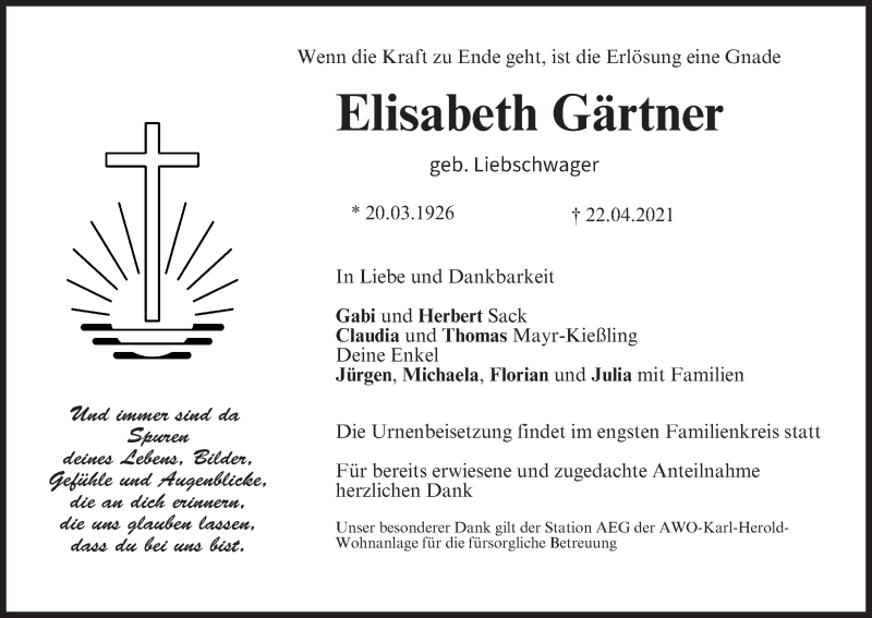  Traueranzeige für Elisabeth Gärtner vom 30.04.2021 aus MGO