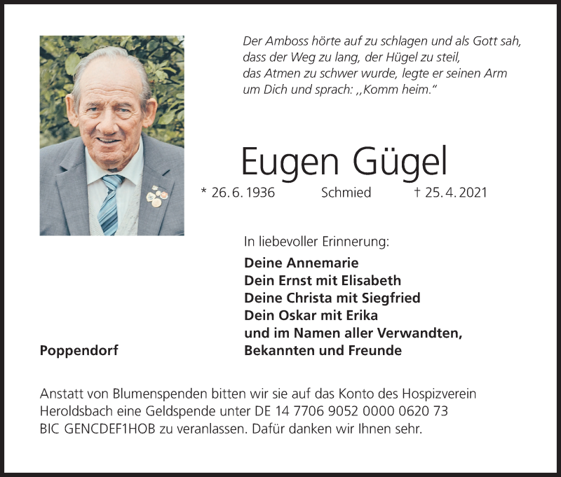  Traueranzeige für Eugen Gügel vom 28.04.2021 aus MGO