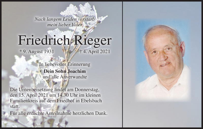  Traueranzeige für Friedrich Rieger vom 10.04.2021 aus MGO