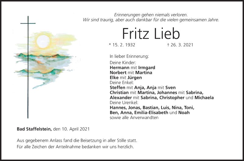  Traueranzeige für Fritz Lieb vom 10.04.2021 aus MGO