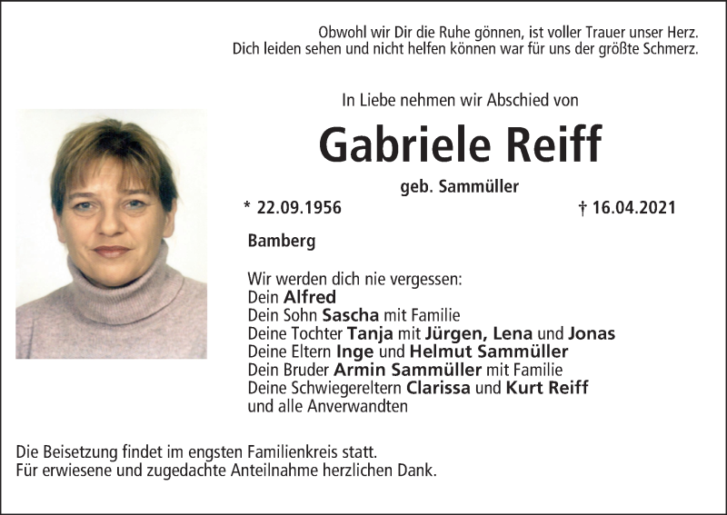  Traueranzeige für Gabriele Reiff vom 24.04.2021 aus MGO