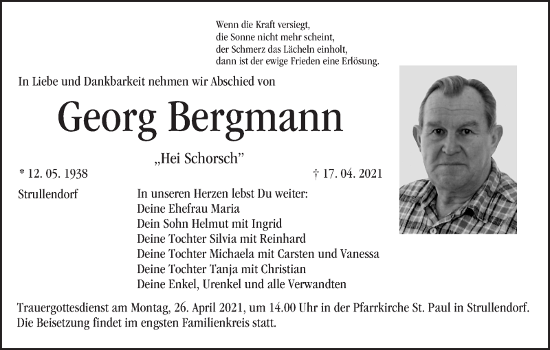  Traueranzeige für Georg Bergmann vom 21.04.2021 aus MGO