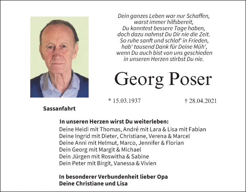  Traueranzeige für Georg Poser vom 30.04.2021 aus MGO