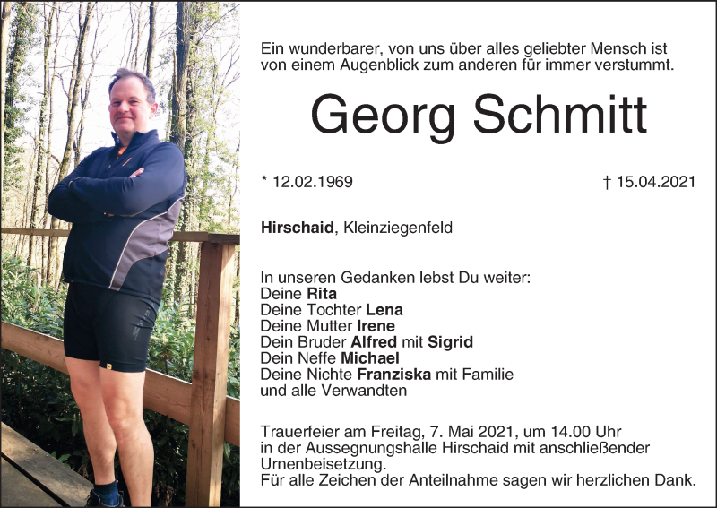  Traueranzeige für Georg Schmitt vom 30.04.2021 aus MGO