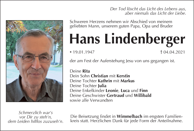  Traueranzeige für Hans Lindenberger vom 10.04.2021 aus MGO