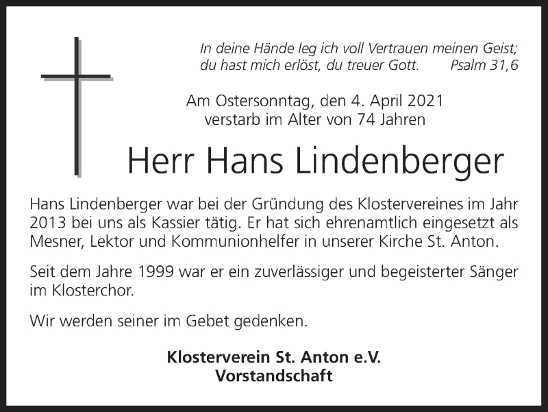  Traueranzeige für Hans Lindenberger vom 10.04.2021 aus MGO