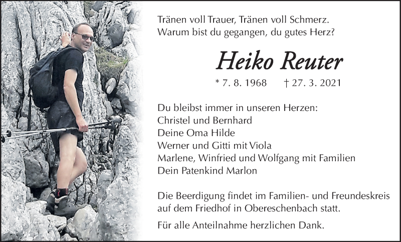  Traueranzeige für Heiko Reuter vom 31.03.2021 aus MGO