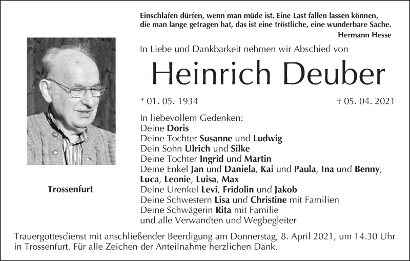 Traueranzeige für Heinrich Deuber vom 07.04.2021 aus MGO