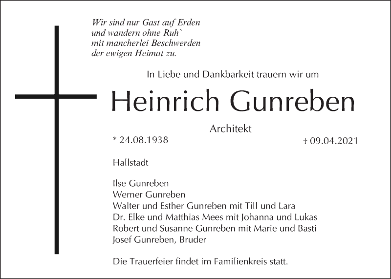 Traueranzeige für Heinrich Gunreben vom 14.04.2021 aus MGO