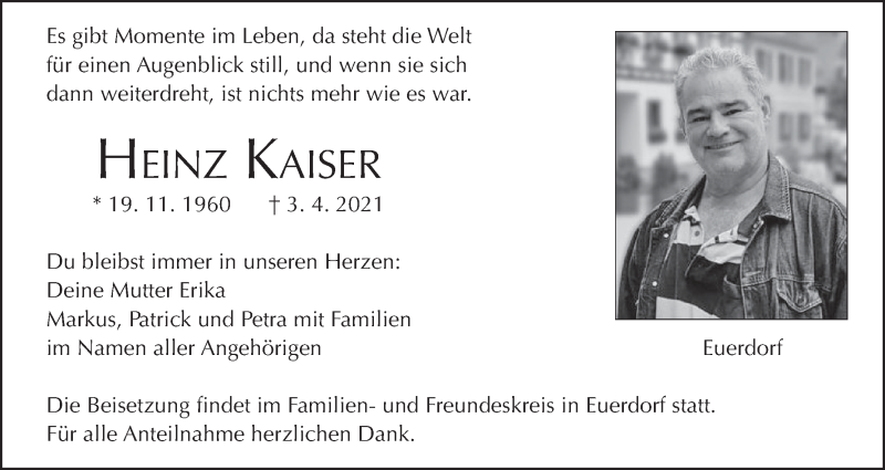 Traueranzeige für Heinz Kaiser vom 10.04.2021 aus MGO