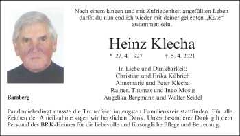 Anzeige von Heinz Klecha von MGO