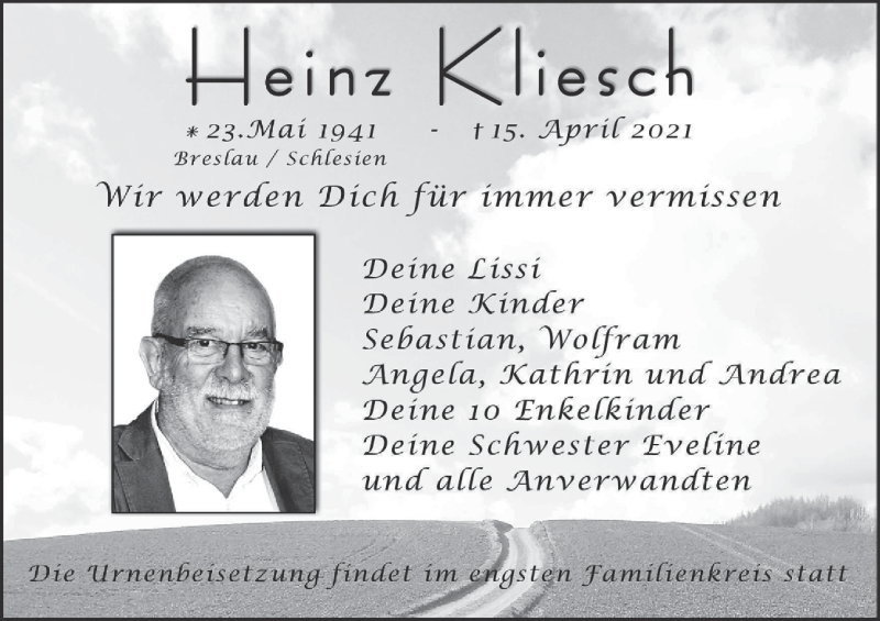  Traueranzeige für Heinz Kliesch vom 24.04.2021 aus MGO
