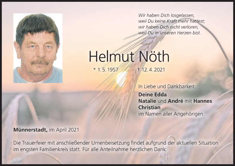  Traueranzeige für Helmut Nöth vom 14.04.2021 aus MGO