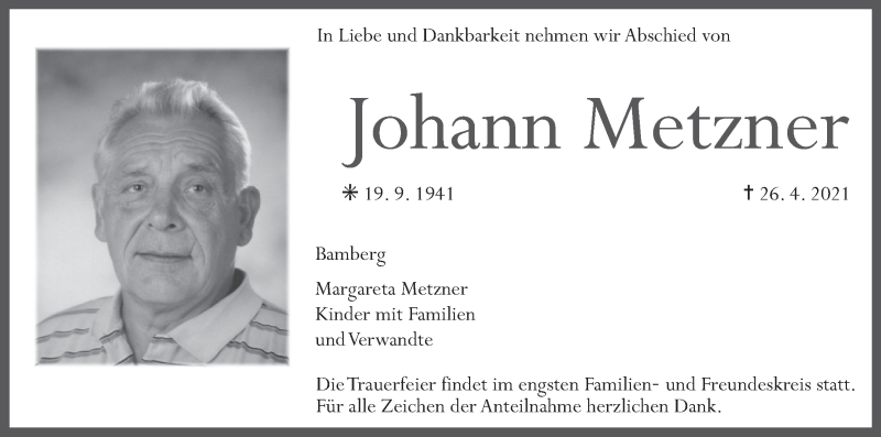  Traueranzeige für Johann Metzner vom 30.04.2021 aus MGO