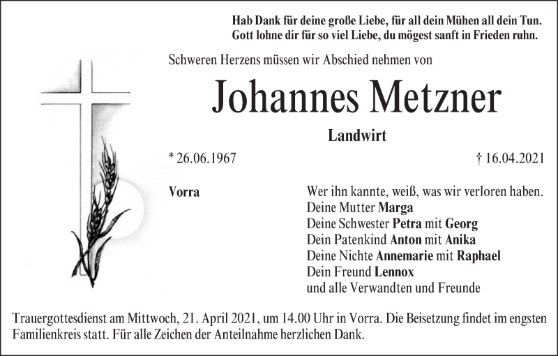  Traueranzeige für Johannes Metzner vom 20.04.2021 aus MGO