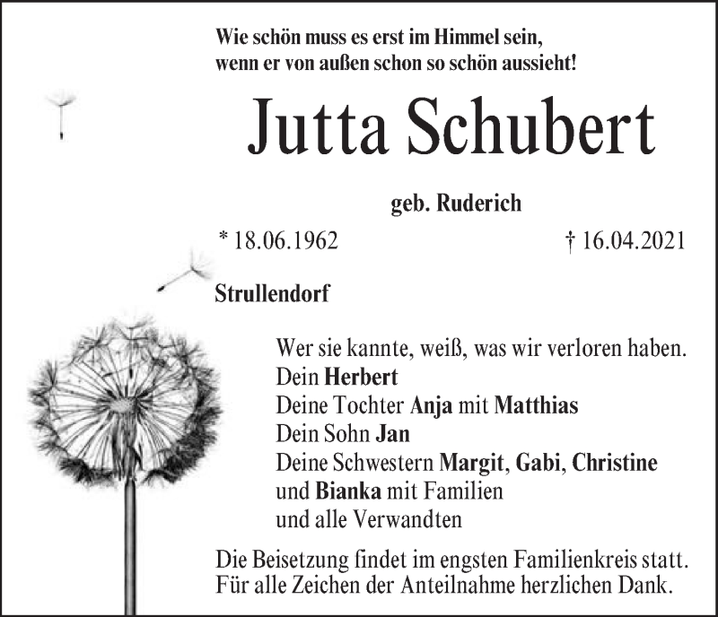  Traueranzeige für Jutta Schubert vom 17.04.2021 aus MGO