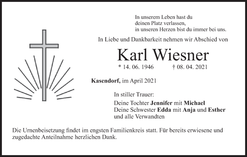  Traueranzeige für Karl Wiesner vom 17.04.2021 aus MGO
