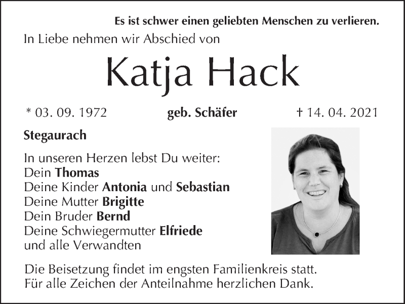  Traueranzeige für Katja Hack vom 17.04.2021 aus MGO
