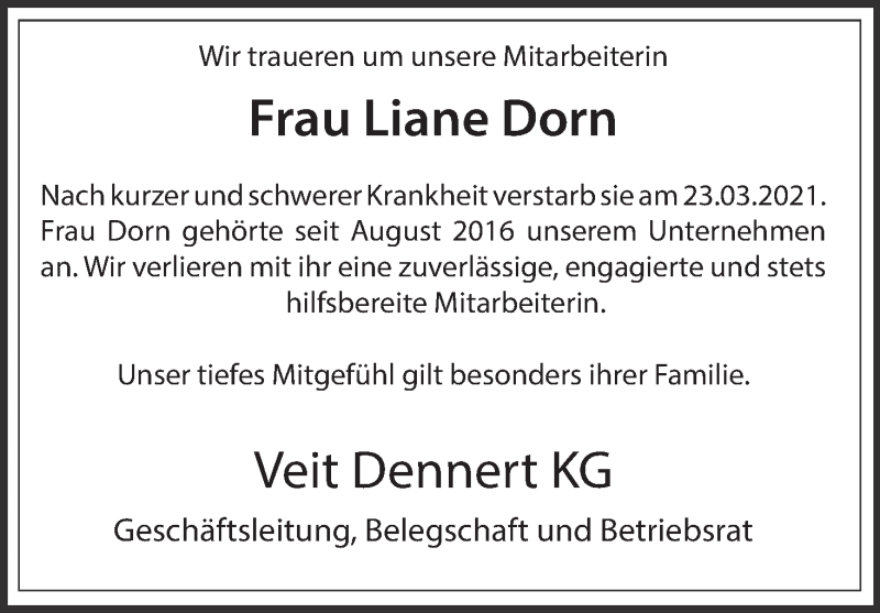  Traueranzeige für Liane Dorn vom 19.04.2021 aus MGO