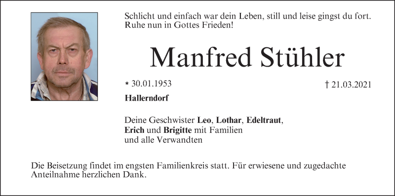  Traueranzeige für Manfred Stühler vom 10.04.2021 aus MGO