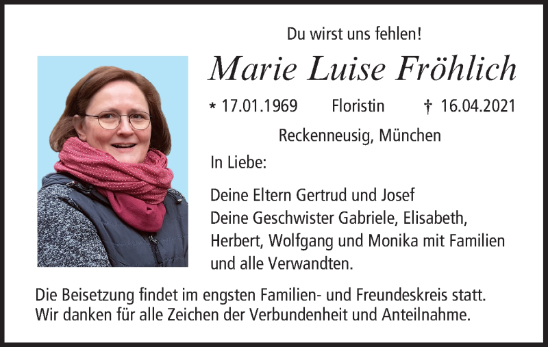  Traueranzeige für Marie Luise Fröhlich vom 24.04.2021 aus MGO