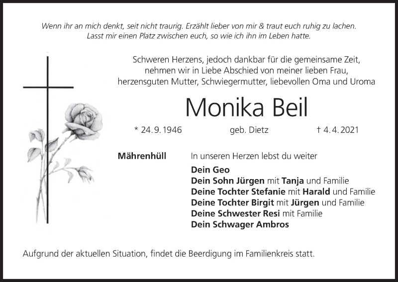  Traueranzeige für Monika Beil vom 07.04.2021 aus MGO
