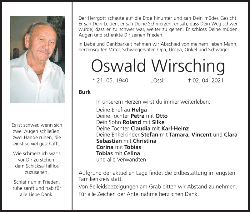  Traueranzeige für Oswald Wirsching vom 06.04.2021 aus MGO