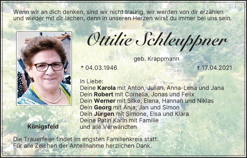  Traueranzeige für Ottilie Schleuppner vom 21.04.2021 aus MGO