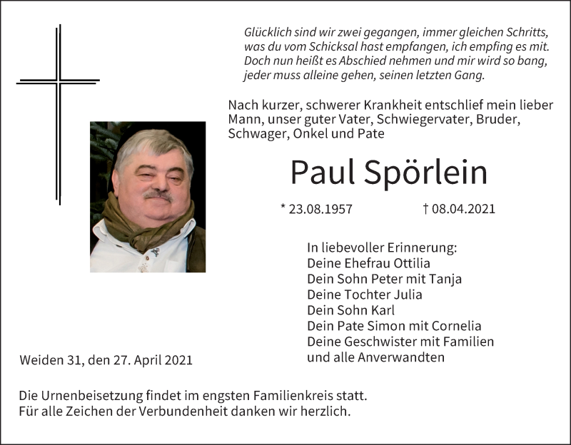  Traueranzeige für Paul Spörlein vom 27.04.2021 aus MGO
