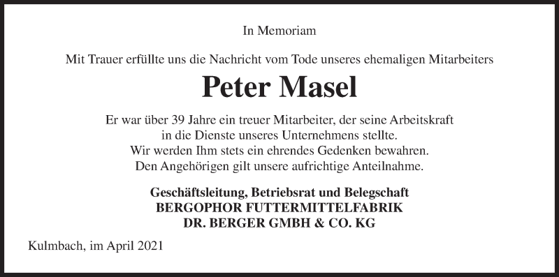  Traueranzeige für Peter Masel vom 27.04.2021 aus MGO