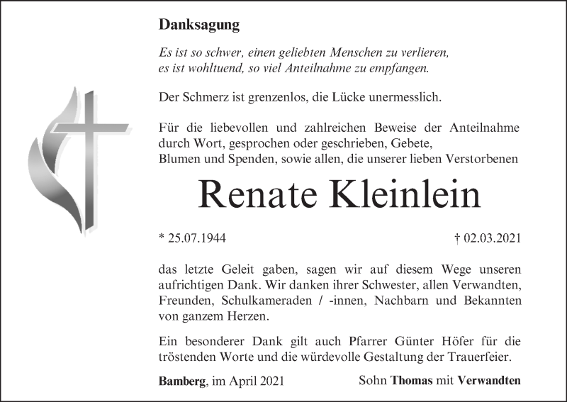  Traueranzeige für Renate Kleinlein vom 10.04.2021 aus MGO