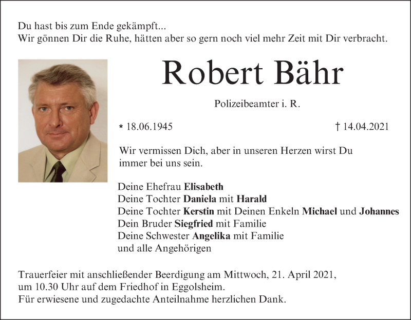  Traueranzeige für Robert Bähr vom 17.04.2021 aus MGO