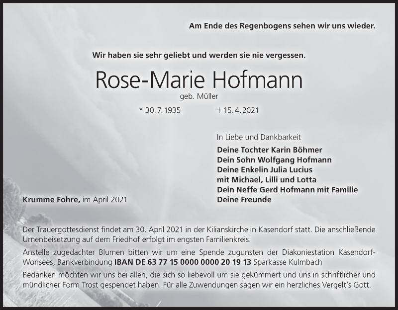  Traueranzeige für Rose-Marie Hofmann vom 28.04.2021 aus MGO