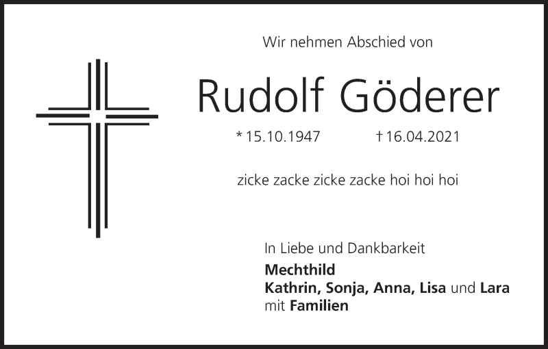  Traueranzeige für Rudolf Göderer vom 17.04.2021 aus MGO