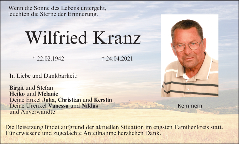  Traueranzeige für Wilfried Kranz vom 30.04.2021 aus MGO