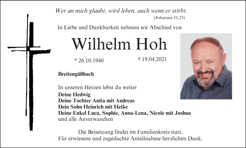  Traueranzeige für Wilhelm Hoh vom 21.04.2021 aus MGO