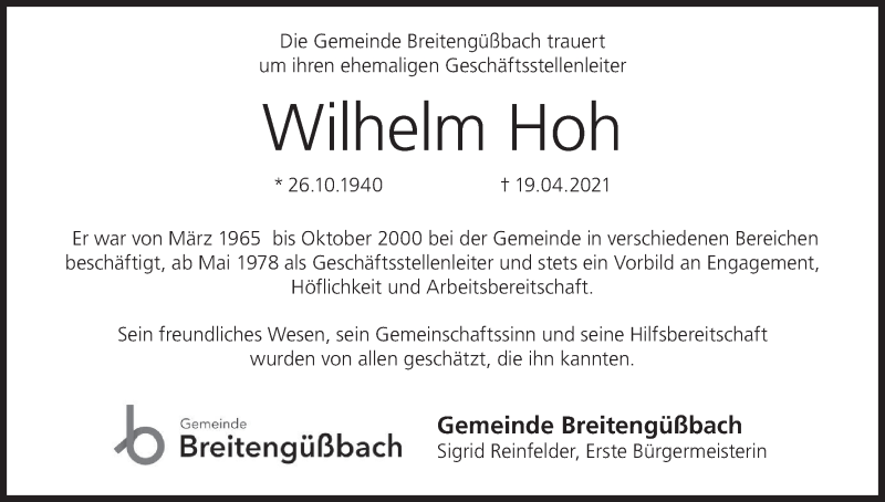  Traueranzeige für Wilhelm Hoh vom 21.04.2021 aus MGO