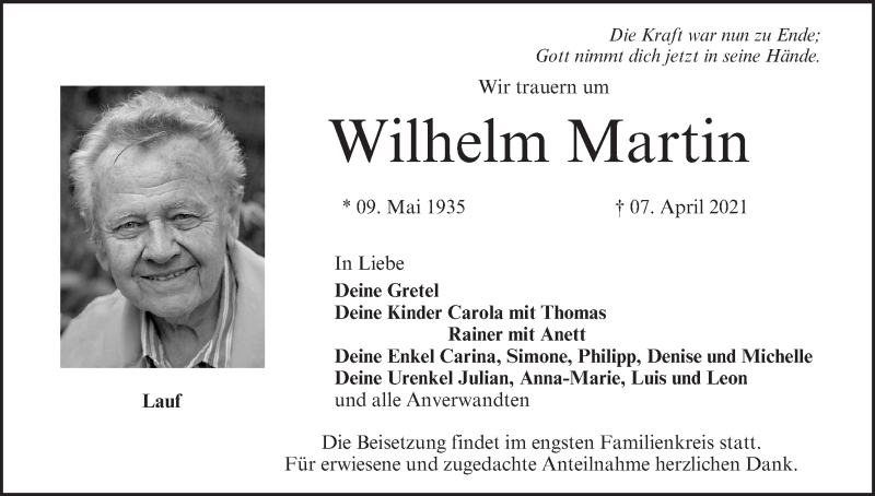  Traueranzeige für Wilhelm Martin vom 10.04.2021 aus MGO