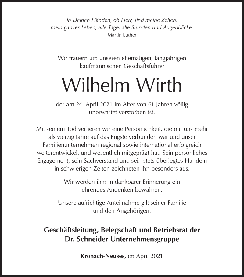  Traueranzeige für Wilhelm Wirth vom 29.04.2021 aus MGO